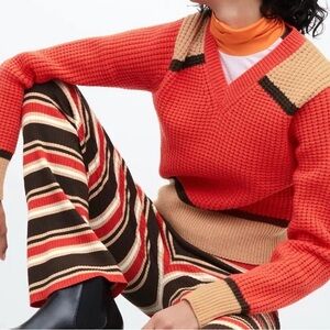 Marni V-Neck Sweater in Orange with Tan and Black Details